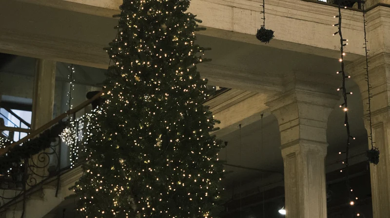 Átrio interior de um centro comercial com um pinheiro iluminado e fios de luz a pender dos pisos superiores